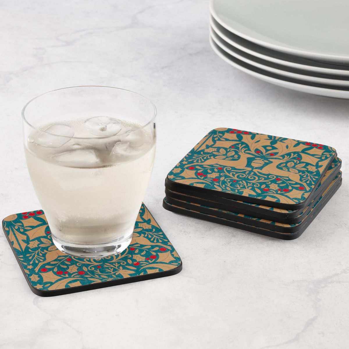 Traditional Christmas Green Coasters Set of 6 image number null